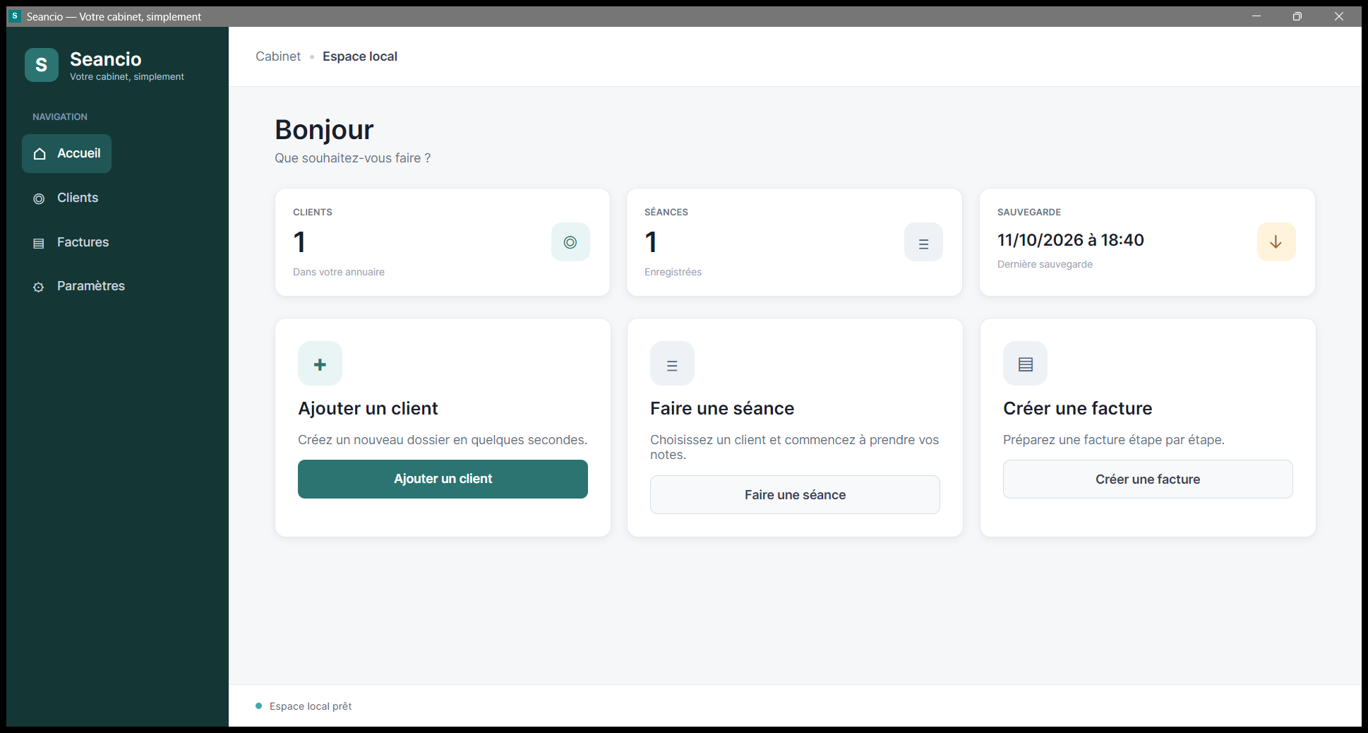 Capture réelle de l’accueil Seancio : accès aux clients, séances, factures et date de sauvegarde