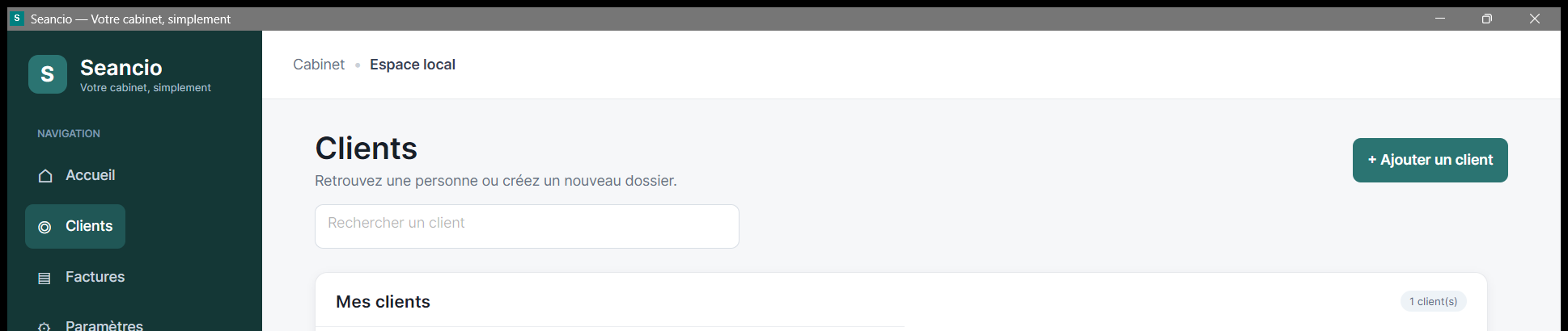 Liste des clients et barre de recherche Seancio