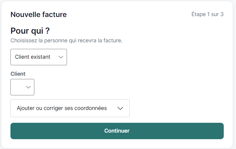 Étape 1 sur 3 de création d’une facture Seancio